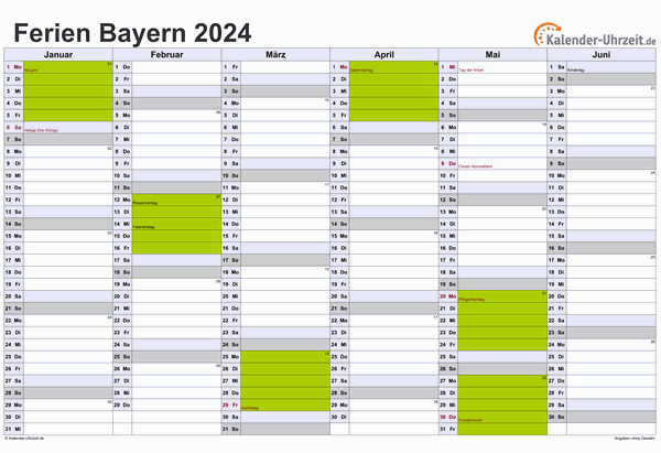 Ferienkalender 2024 für Bayern - A4 quer-zweiseitig