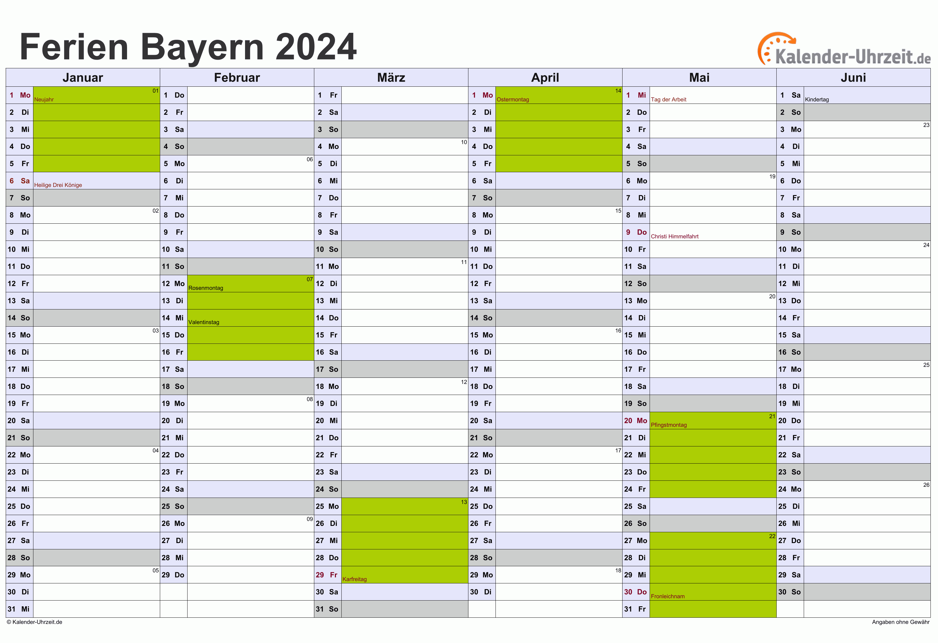 Ferien Bayern 2024 Ferienkalender zum Ausdrucken