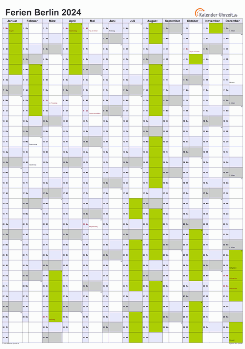 Ferienkalender 2024 für Berlin - A4 hoch-einseitig