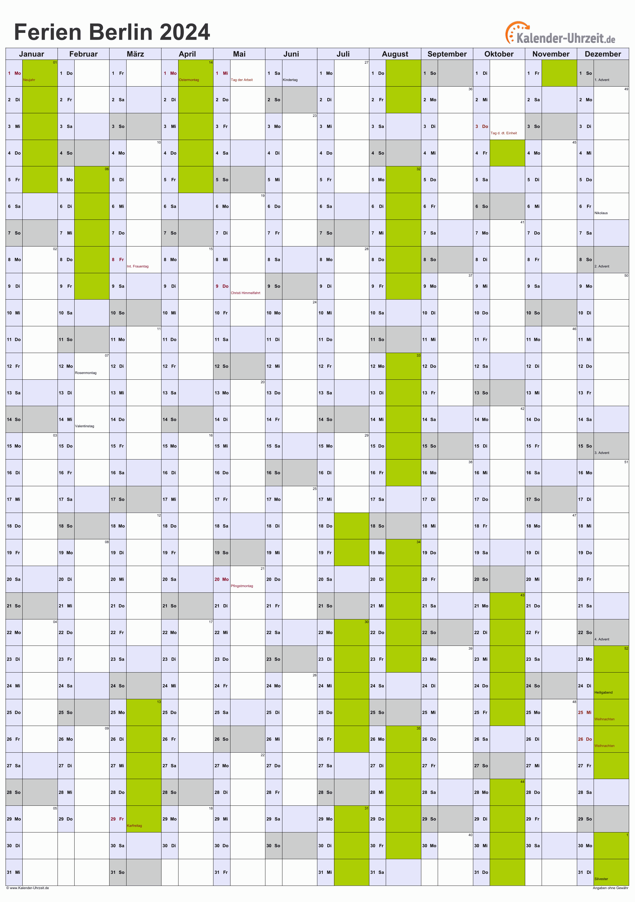 Ferien Berlin 2024 Ferienkalender zum Ausdrucken