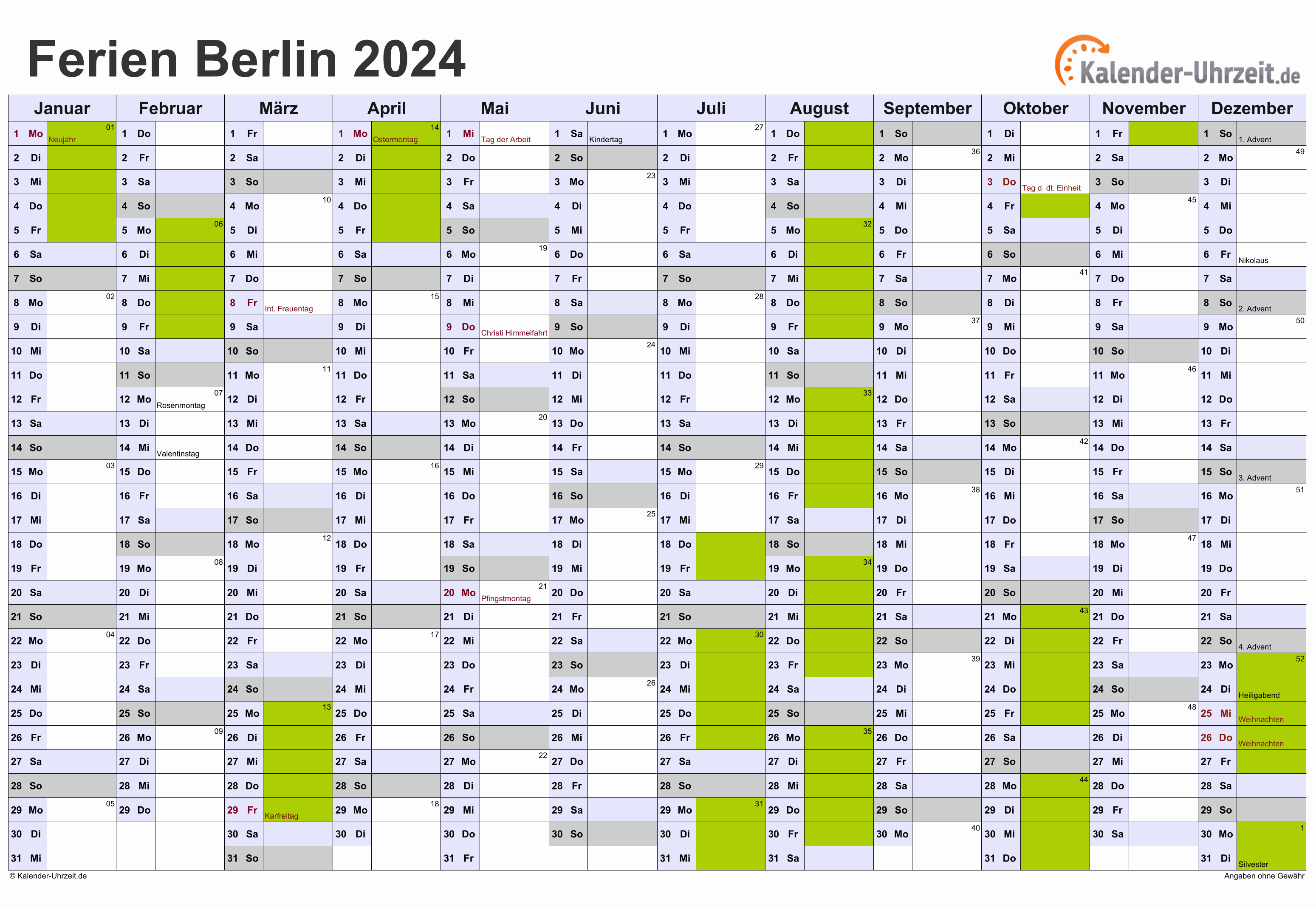 Ferien Berlin 2024 Ferienkalender zum Ausdrucken