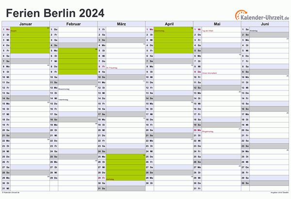 Ferienkalender 2024 für Berlin - A4 quer-zweiseitig