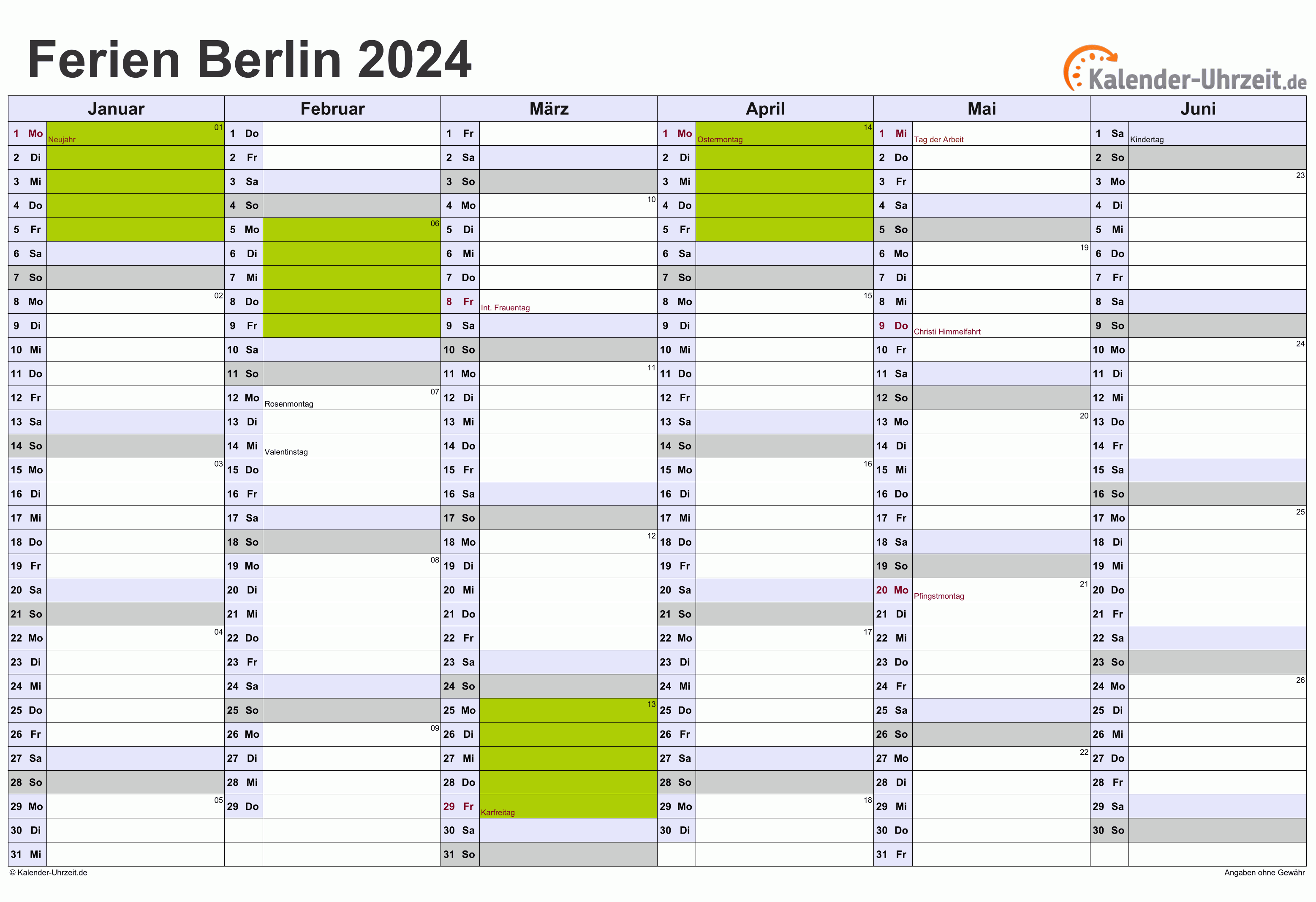 Schulferien Berlin 2024 Quer Zweiseitig 