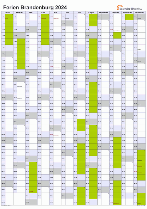 Ferien 2024 Brandenburg im Kalender - A4 hoch-einseitig Ferienkalender 2024 für Brandenburg - A4 hoch-einseitig