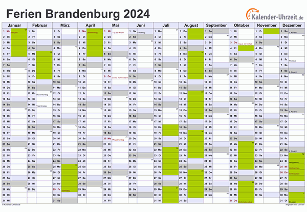 Ferienkalender 2024 für Brandenburg - A4 quer-einseitig
