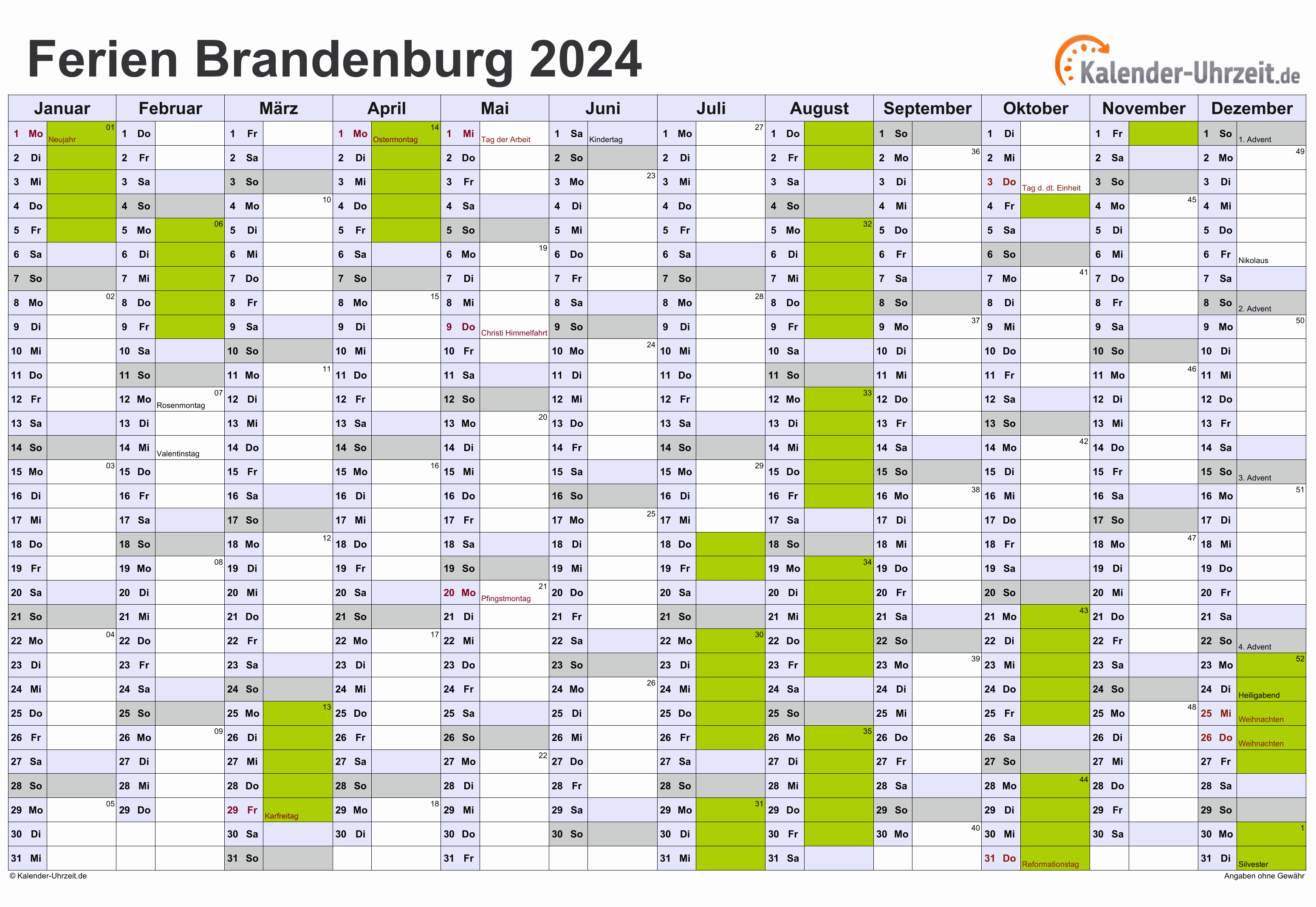 Ferien Brandenburg 2024 Ferienkalender zum Ausdrucken