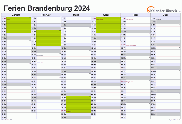 Ferien 2024 Brandenburg im Kalender - A4 quer-zweiseitig Ferienkalender 2024 für Brandenburg - A4 quer-zweiseitig