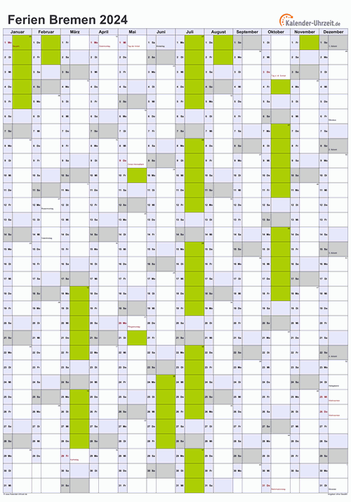 Ferienkalender 2024 für Bremen - A4 hoch-einseitig