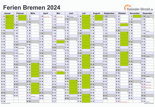 Ferienkalender 2024 für Bremen - A4 quer-einseitig