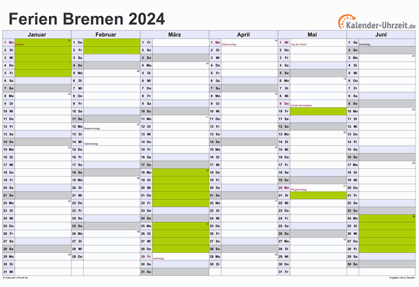 Ferienkalender 2024 für Bremen - A4 quer-zweiseitig