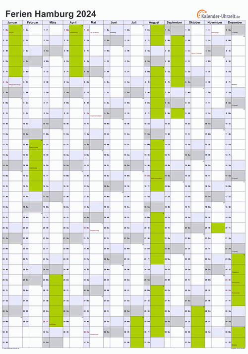 Ferienkalender 2024 für Hamburg - A4 hoch-einseitig