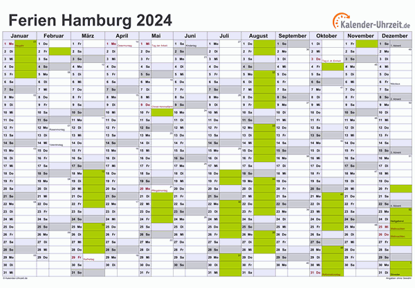 Ferienkalender 2024 für Hamburg - A4 quer-einseitig