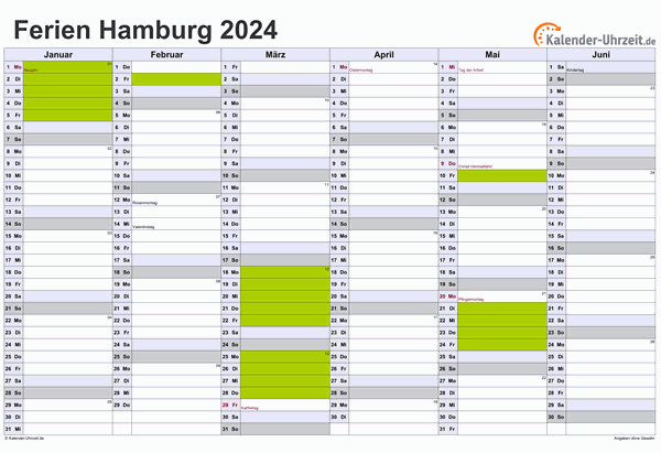 Ferienkalender 2024 für Hamburg - A4 quer-zweiseitig
