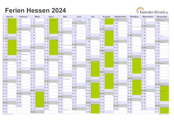 Ferien 2024 Hessen im Kalender - A4 quer-einseitig Ferienkalender 2024 für Hessen - A4 quer-einseitig