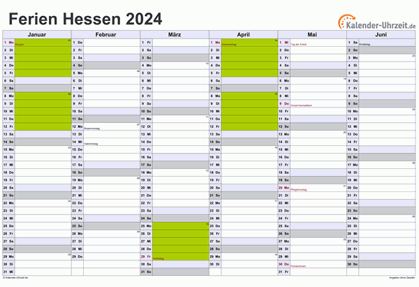 Ferien 2024 Hessen im Kalender - A4 quer-zweiseitig Ferienkalender 2024 für Hessen - A4 quer-zweiseitig