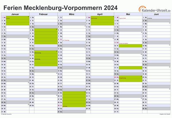 Ferienkalender 2024 für Meck.-Pomm. - A4 quer-zweiseitig