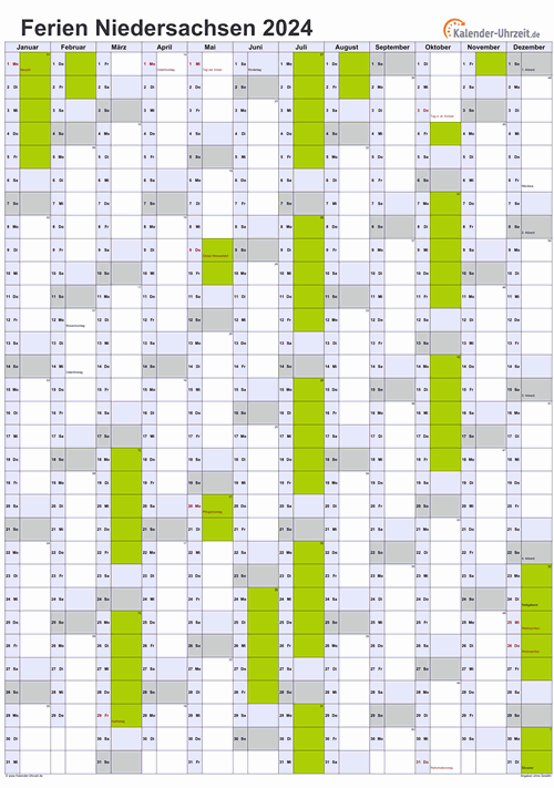 Ferienkalender 2024 für Niedersachsen - A4 hoch-einseitig
