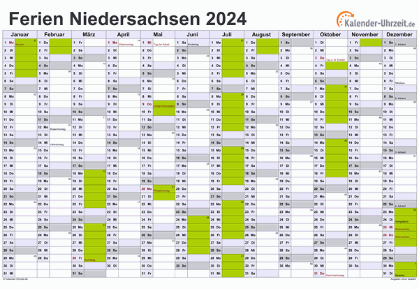 Ferienkalender 2024 für Niedersachsen - A4 quer-einseitig