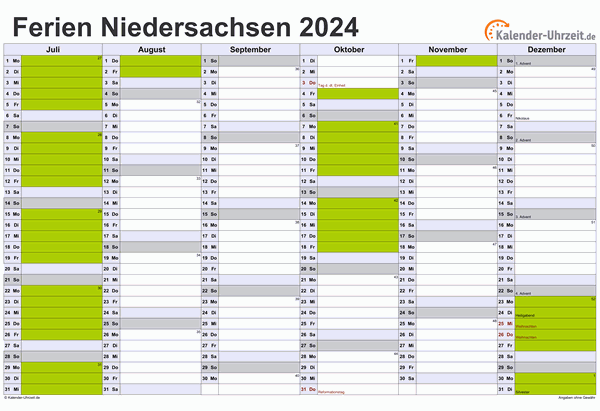 Ferienkalender 2024 für Niedersachsen - A4 quer-zweiseitig