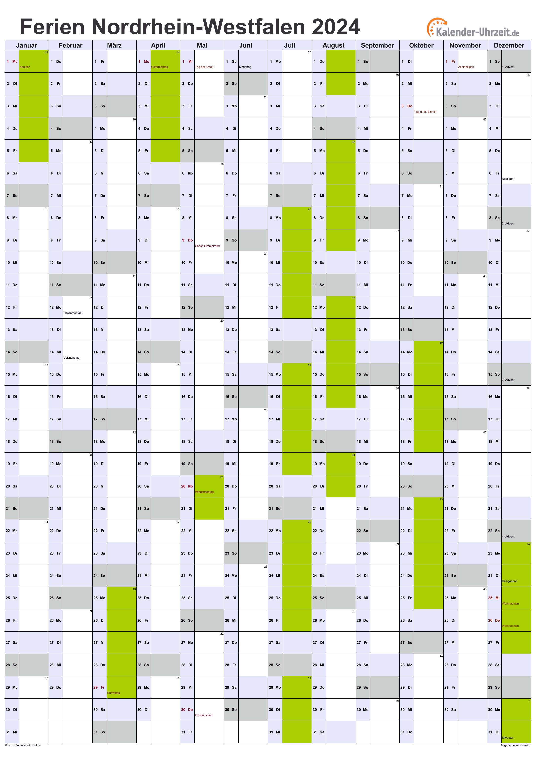 Ferien NordrheinWestfalen 2024 Ferienkalender zum Ausdrucken