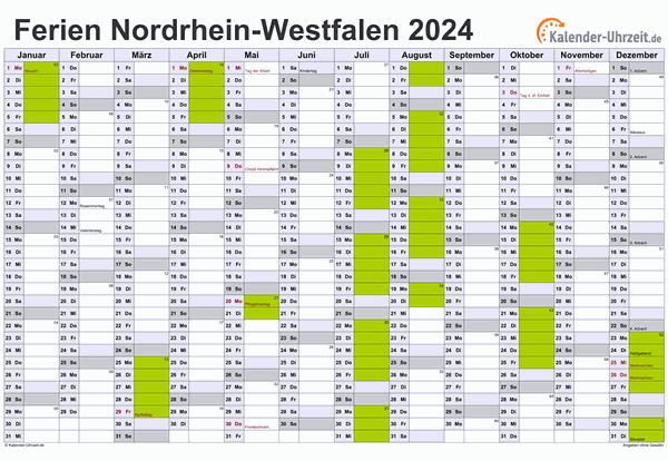 Ferienkalender 2024 für Nordrhein-Westfalen - A4 quer-einseitig