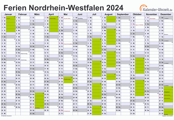 Ferien 2024 Nordrhein-Westfalen im Kalender - A4 quer-einseitig Ferienkalender 2024 für Nordrhein-Westfalen - A4 quer-einseitig