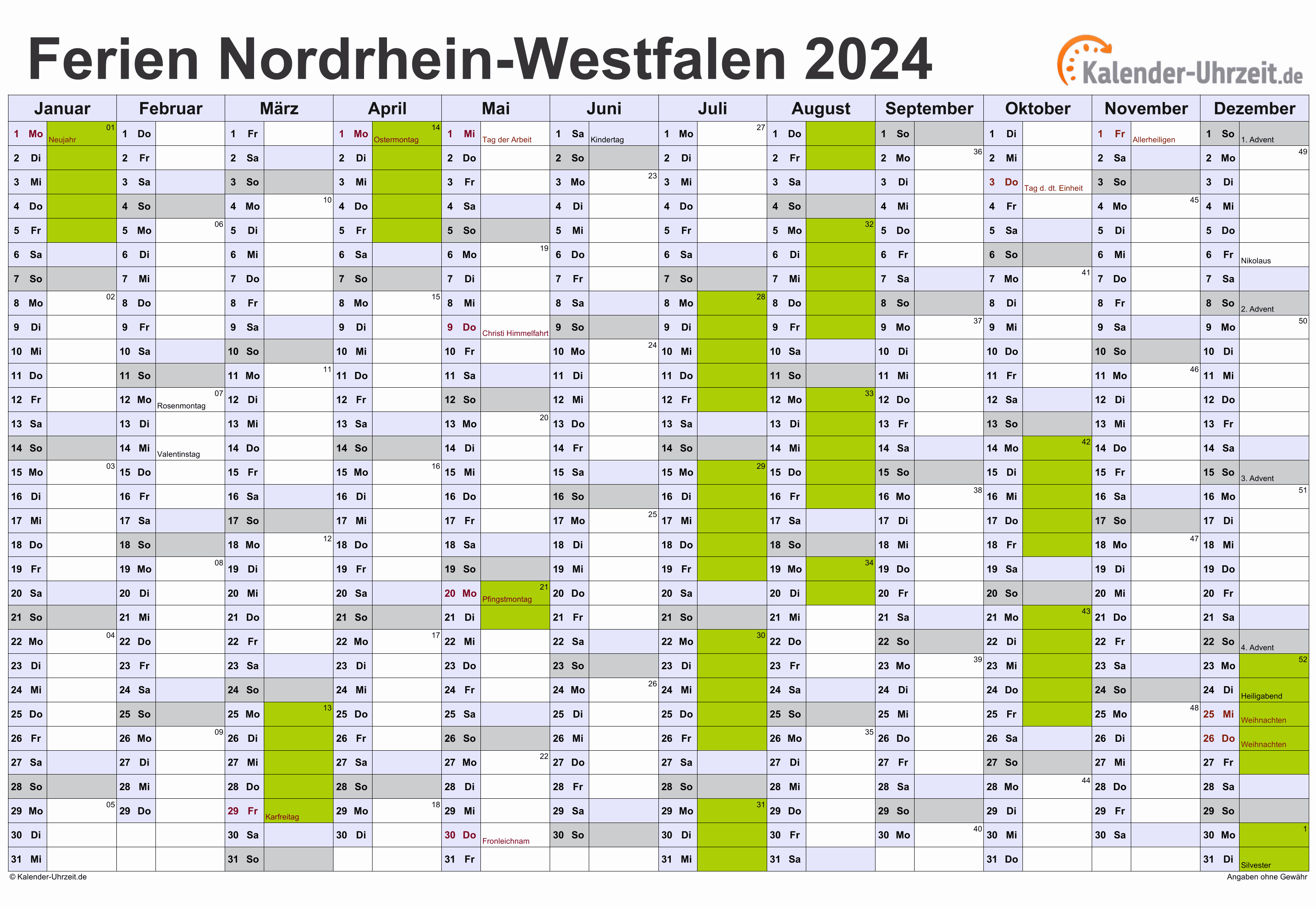 Ferien NordrheinWestfalen 2024 Ferienkalender zum Ausdrucken