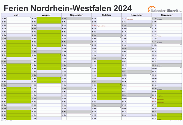 Ferien 2024 Nordrhein-Westfalen im Kalender - A4 quer-zweiseitig Ferienkalender 2024 für Nordrhein-Westfalen - A4 quer-zweiseitig