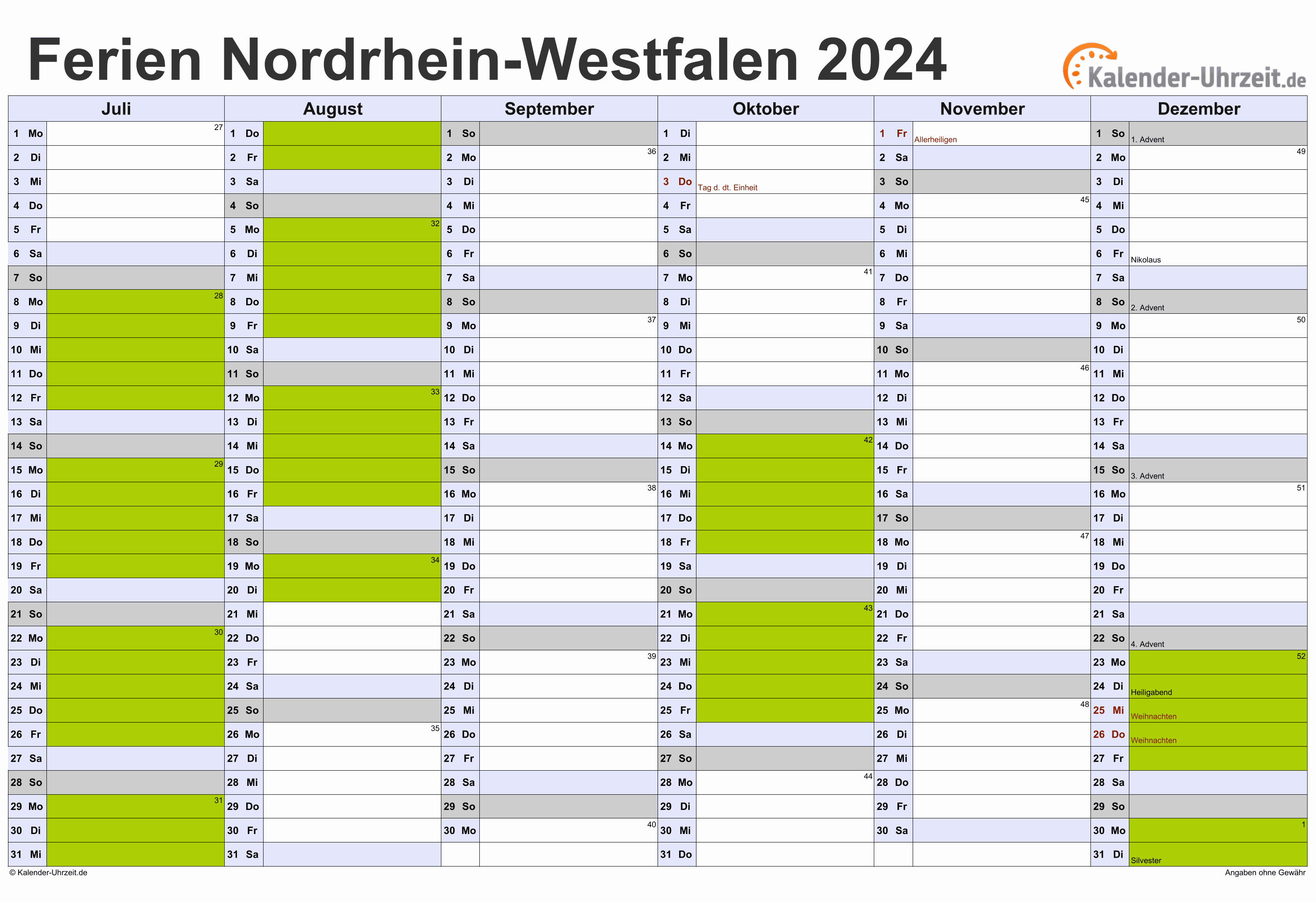 Ferien NordrheinWestfalen 2024 Ferienkalender zum Ausdrucken