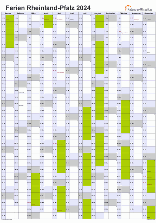 Ferien 2024 Rheinland-Pfalz im Kalender - A4 hoch-einseitig Ferienkalender 2024 für Rheinland-Pfalz - A4 hoch-einseitig