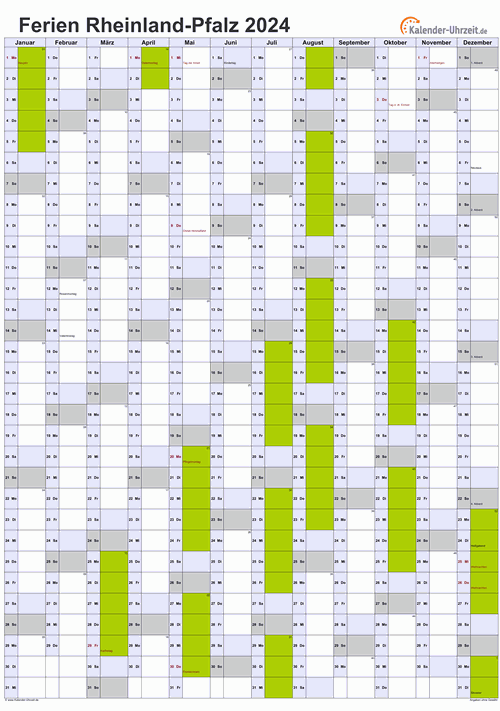 Ferienkalender 2024 für Rheinland-Pfalz - A4 hoch-einseitig