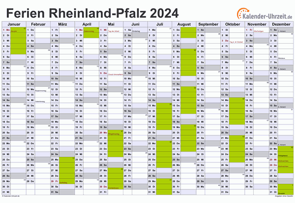 Ferien 2024 Rheinland-Pfalz im Kalender - A4 quer-einseitig Ferienkalender 2024 für Rheinland-Pfalz - A4 quer-einseitig