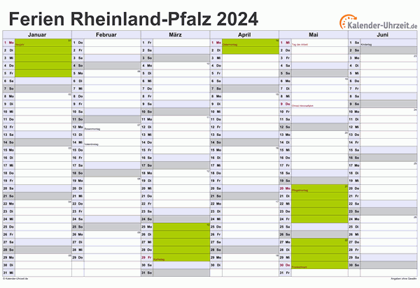 Ferienkalender 2024 für Rheinland-Pfalz - A4 quer-zweiseitig