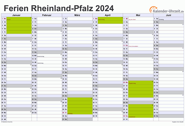 Ferien 2024 Rheinland-Pfalz im Kalender - A4 quer-zweiseitig Ferienkalender 2024 für Rheinland-Pfalz - A4 quer-zweiseitig