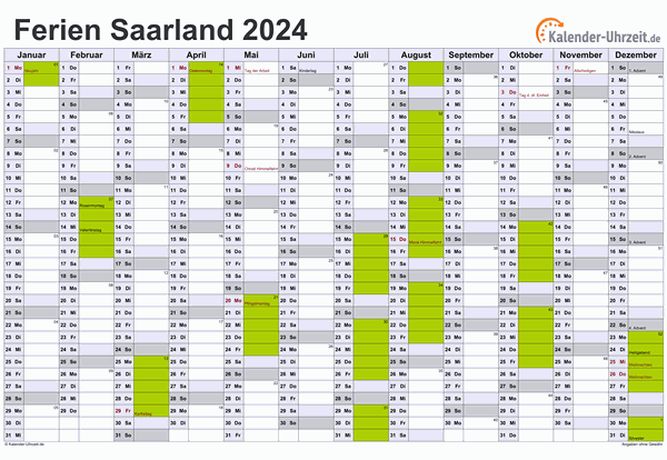 Ferienkalender 2024 für Saarland - A4 quer-einseitig