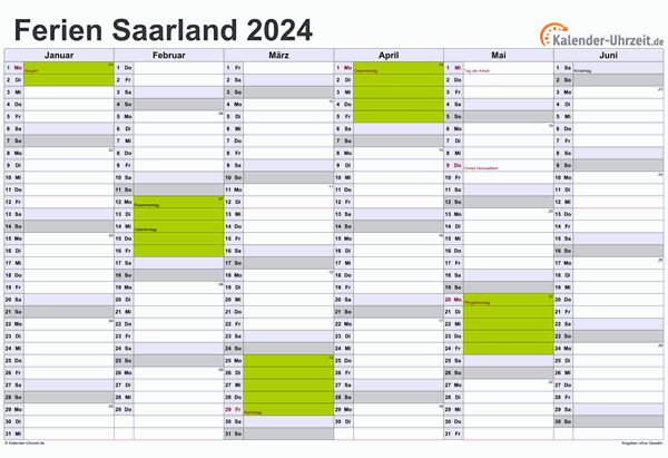 Ferienkalender 2024 für Saarland - A4 quer-zweiseitig