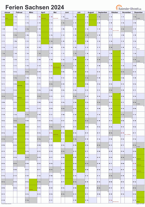 Ferien 2024 Sachsen im Kalender - A4 hoch-einseitig Ferienkalender 2024 für Sachsen - A4 hoch-einseitig