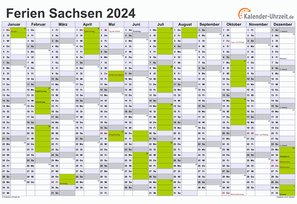 Ferienkalender 2024 für Sachsen - A4 quer-einseitig