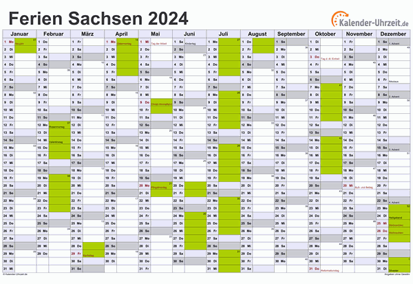Ferien 2024 Sachsen im Kalender - A4 quer-einseitig Ferienkalender 2024 für Sachsen - A4 quer-einseitig