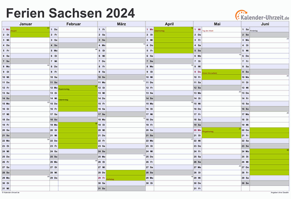 Ferienkalender 2024 für Sachsen - A4 quer-zweiseitig