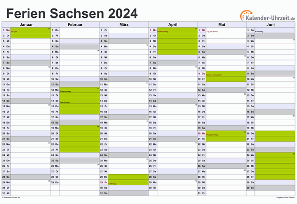 Ferien 2024 Sachsen im Kalender - A4 quer-zweiseitig Ferienkalender 2024 für Sachsen - A4 quer-zweiseitig