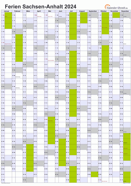 Ferien 2024 Sachsen-Anhalt im Kalender - A4 hoch-einseitig Ferienkalender 2024 für Sachsen-Anhalt - A4 hoch-einseitig