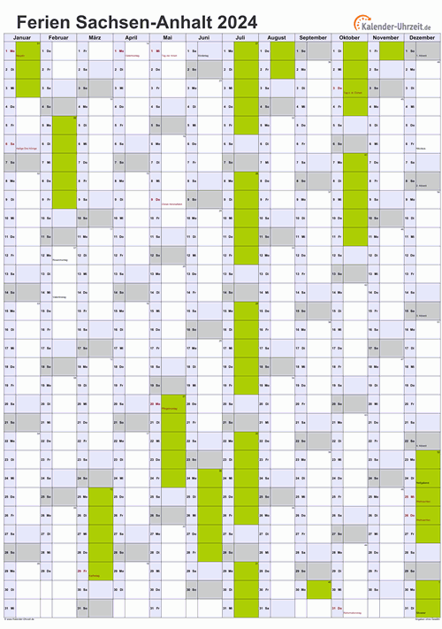 Ferienkalender 2024 für Sachsen-Anhalt - A4 hoch-einseitig