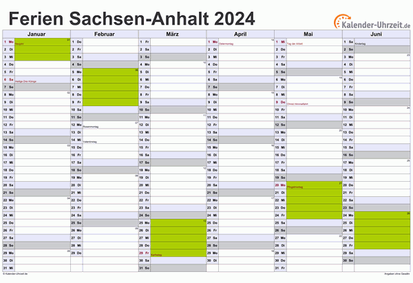 Ferienkalender 2024 für Sachsen-Anhalt - A4 quer-zweiseitig