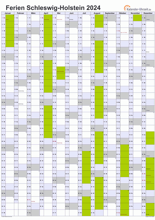 Ferienkalender 2024 für Schleswig-Holstein - A4 hoch-einseitig