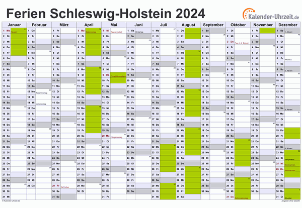 Ferien 2024 Schleswig-Holstein im Kalender - A4 quer-einseitig Ferienkalender 2024 für Schleswig-Holstein - A4 quer-einseitig