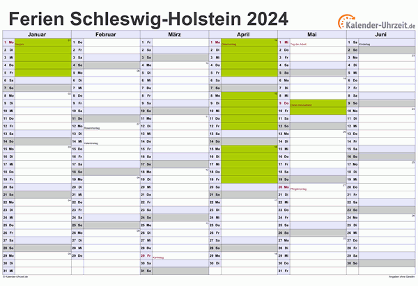 Ferienkalender 2024 für Schleswig-Holstein - A4 quer-zweiseitig
