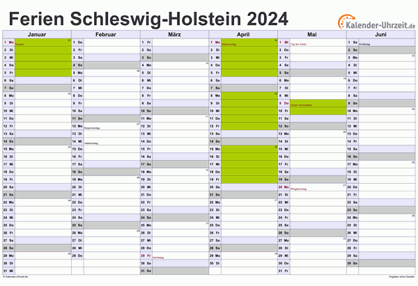 Ferien 2024 Schleswig-Holstein im Kalender - A4 quer-zweiseitig Ferienkalender 2024 für Schleswig-Holstein - A4 quer-zweiseitig