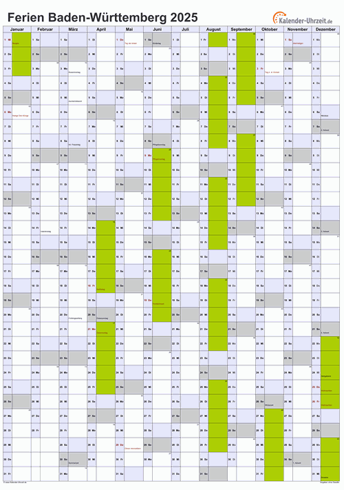 Ferien 2025 Baden-Württemberg im Kalender - A4 hoch-einseitig Ferienkalender 2025 für Baden-Württemberg - A4 hoch-einseitig