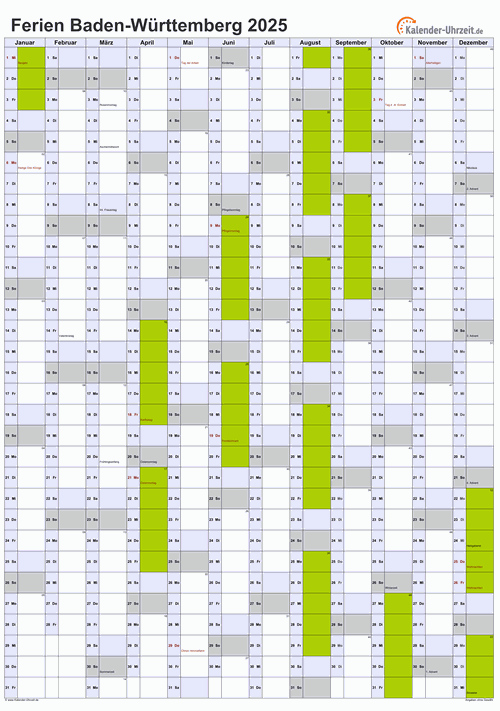 Ferienkalender 2025 für Baden-Württemberg - A4 hoch-einseitig